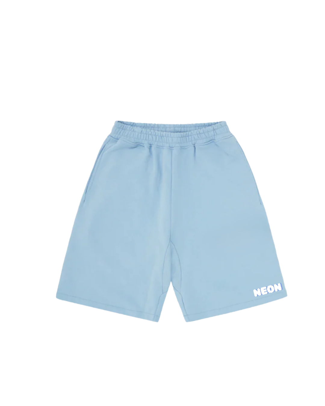 short celeste con estampados de “NEON” y “AURA”