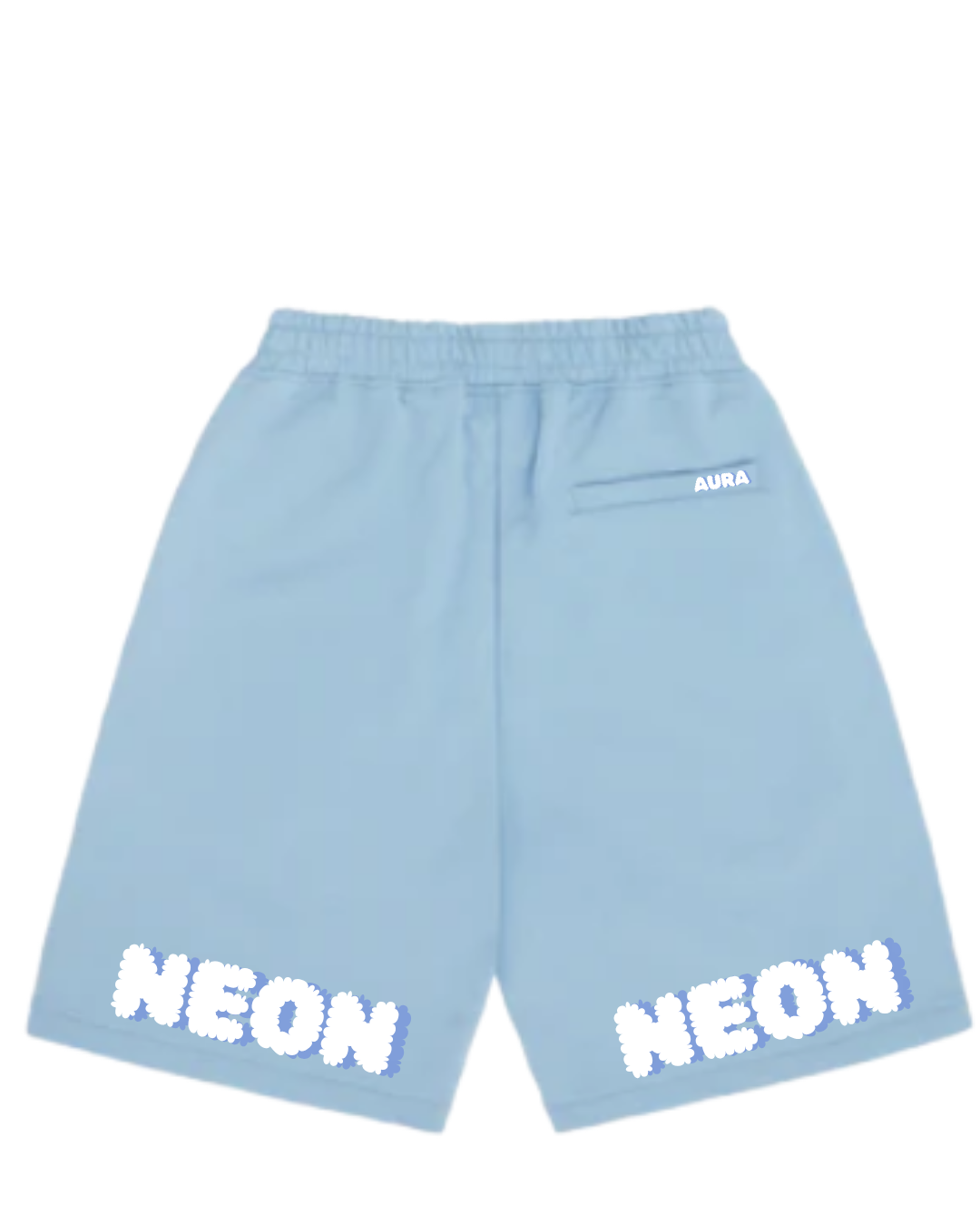short celeste con estampados de “NEON” y “AURA”